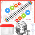 Dandat Rolling Pin with Adjustable Thickness Rings and Silicone Baking Pastry Mat Biscuit Cutter Bench Scraper Stainless Steel Dough Roller Rolling Pins for Baking Cookies Pie Pasta Pastries(Red)