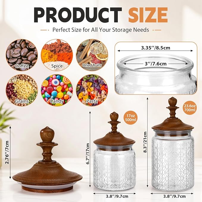 Suclain 6 Pack 24 oz Vintage Glass Jars with Wooden Crown Lids, Decorative Jars with Flower in the Window Pattern, Airtight Glass Food Storage Containers for Tea Coffee Spice Pantry Organization