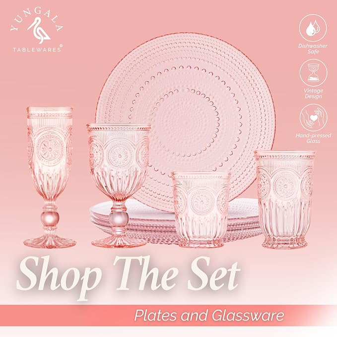 Pink Wine Glasses Set of 6 Vintage Hobnail Goblets 10 oz Transparent Glassware with Stems Dishwasher Safe