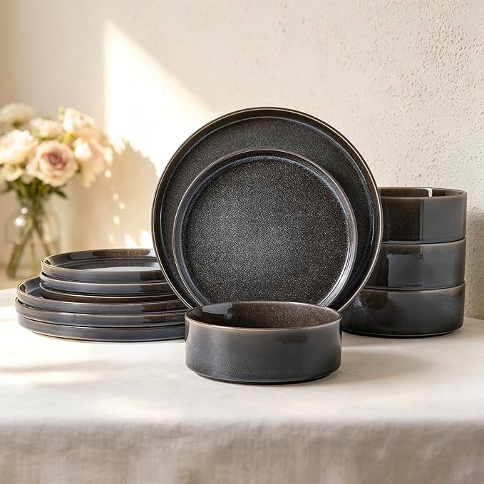 Stoneware Dinnerware Sets, Plates and Bowls Set for 4, 12-Piece Modern Stoneware Dinnerware – Chip Resistant, Non-Toxic, Dishwasher and Microwave Safe Tableware，Glossy Black
