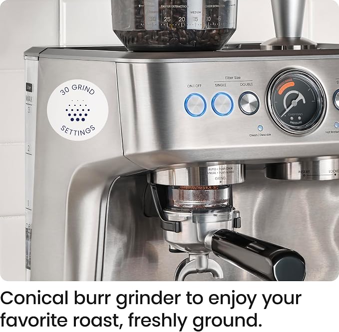 Chefman Crema Supreme 15 Bar Espresso Machine with Milk Frother, Barista Steam Wand, Professional Coffee Maker with Coffee Grinder, 30 Grind Settings, 3L Removable Water Tank - Stainless Steel