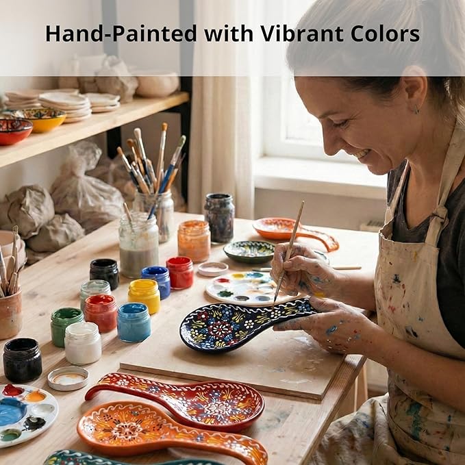 BCS Ceramic Spoon Rest, Large 9” Hand Painted Spoon Holder for Stove Top & Kitchen Counter, Dishwasher Safe & Heat Resistant Utensil Holder, Floral Kitchen Decor, Handmade Pottery
