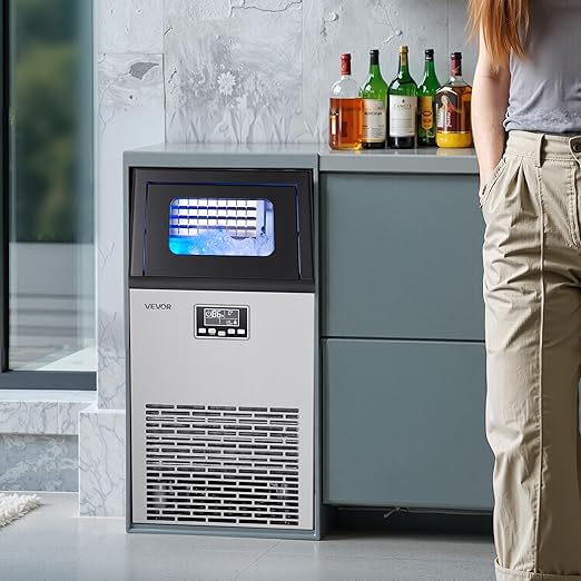 VEVOR Commercial Ice Maker Machine, 100 lbs/24h with 28Lbs Storage, 45 Cubes per Cycle, Stainless Steel Freestanding & Under Counter Ice Maker with LED Display & Self-Cleaning, for Home Bar Restaurant