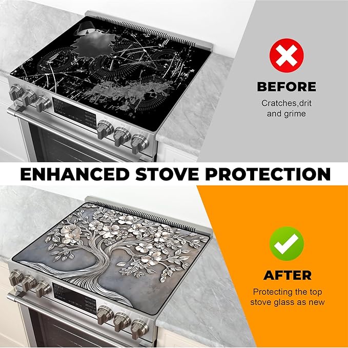 Heat-Resistant Glass Stove Top Cover with Anti-Slip Rubber Coating – Electric Stove Protector, Scratch-Resistant, Expands Counter Space, Stylish Kitchen Decor (Tree)