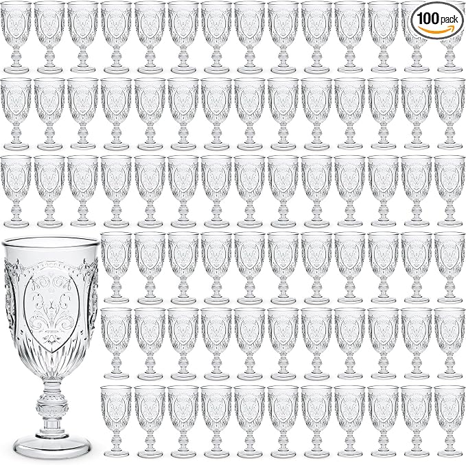 Wiwiqing 100 Pcs Plastic Goblets 7.5oz Vintage Goblet Plastic Wine Glasses Colored Retro Embossed Water Goblets for Wine Bar Juice Baby Shower Wedding Reception Grand Event Party (Clear)