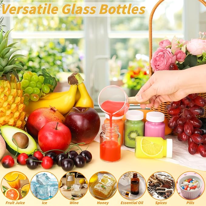 80 Pack 2 oz Glass Shot Bottles with White Lids Small Clear Glass Jar for Ginger Shot Mini Juice Bottle Reusable Wide Mouth Travel Cup Leakage-Proof with Labels for Wellness Juice Milk Potion Liquids