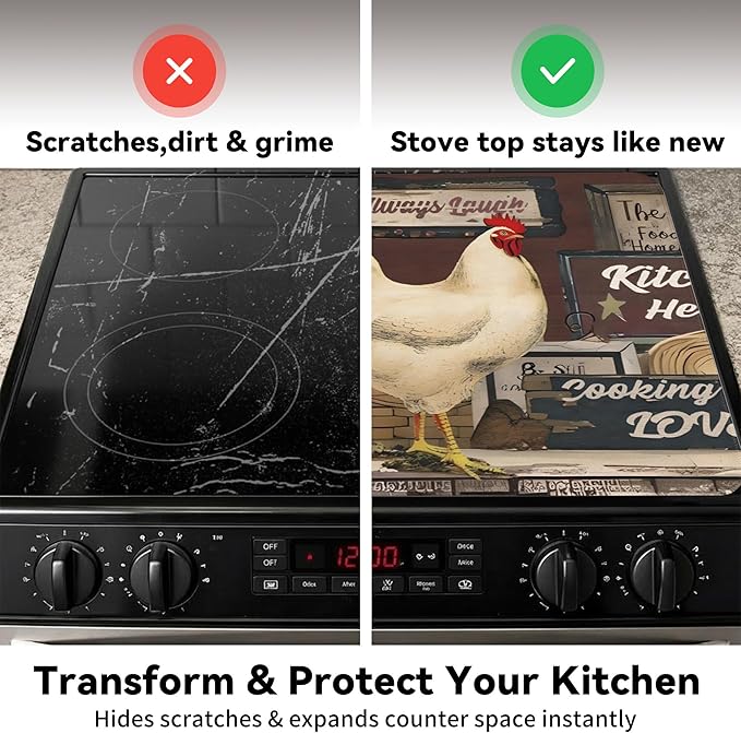 Decorative Stove Top Covers for Electric Stove 28"x20" – Heat Resistant Glass Cooktop Protector Dish Drying Mat – Non-Slip Rubber Backing Washer Top Cover Waterproof Extra Counter Space (Rooster)