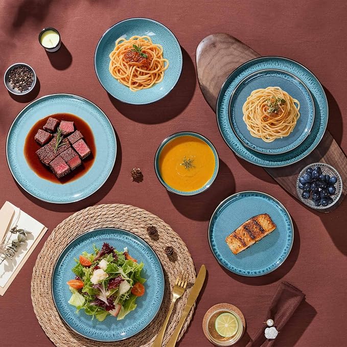 LIANYU Stoneware Dinnerware Sets with Pasta Bowls, 16 Piece Plates and Bowls Dishes Set for 4, Dishwasher Safe Dining Ware Dishware for Home Kitchen, Microwave Safe, Pastel Turquoise
