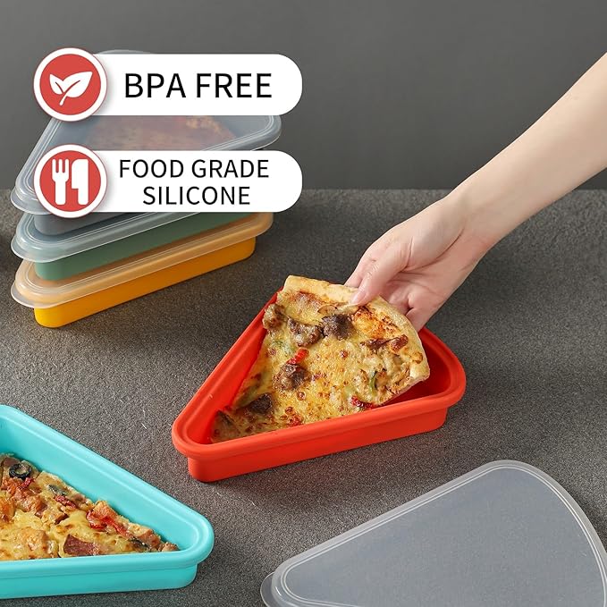 3sets Reusable Silicone Leftover Pizza Slice Storage Container with Air-tight Lids-BPA Free,Fits Single Slice up to 16”,Save Space,Refrigerator organizer(3 Space Grey)