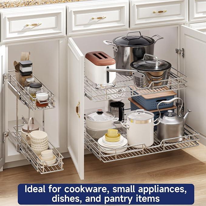 2-Tier Pull Out Cabinet Organizer, 28.5" W x 21.5" D, Heavy Duty Dual Slide Out Shelves for Wide Base Cabinets, Chrome Wire Basket Drawer for Pots, Pans, Pantry & Cleaning Supplies