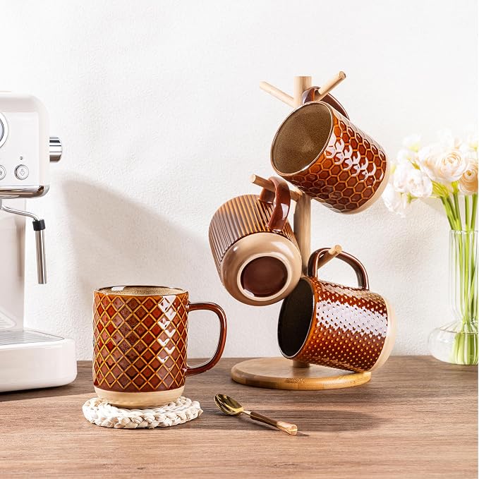 GBhome Large Coffee Mugs Set of 4, 16oz Handmade Stoneware Coffee Mugs Set with Large Handle for Cappuccino/Latte/Tea/Hot Cocoa, Dishwasher & Microwave Safe, Caramel