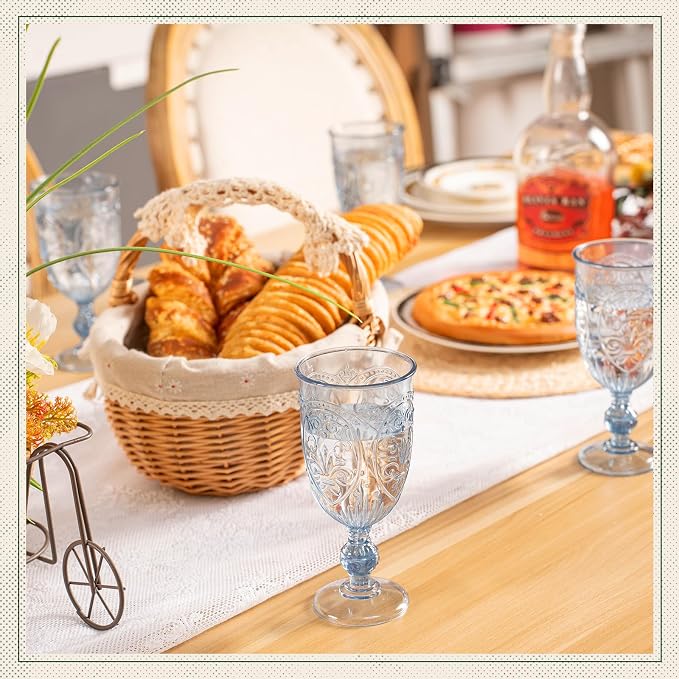 Wiwiqing 6 Pcs Plastic Goblets 7.5oz Vintage Goblet Plastic Wine Glasses Colored Retro Embossed Water Goblets for Wine Bar Juice Baby Shower Wedding Reception Grand Event Party (Blue)