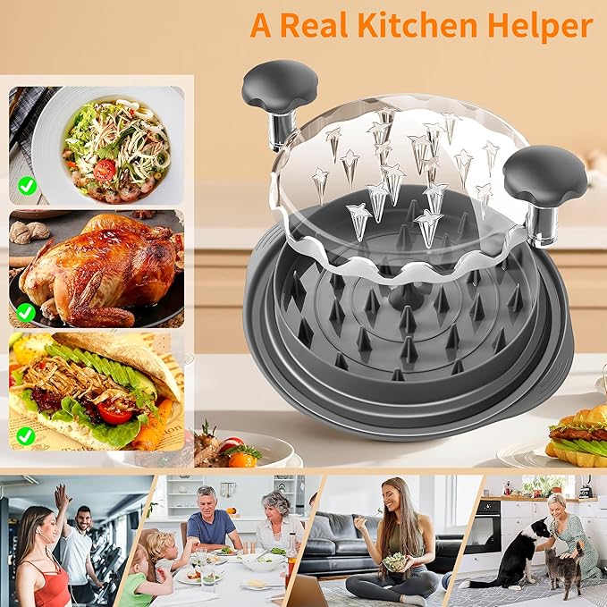 Chicken Shredder Tool Twist Large bundle with 48 Sharp Needle blade Meat Tenderizer, Kitchen Scissors, Brush (4 Items) - Heavy Duty Stainless Steel, Ergonomic, Anti-Slip, Dishwasher Safe & BPA Free