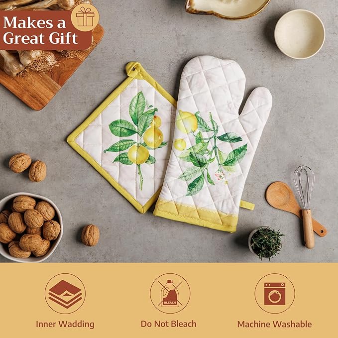 Maison d'Hermine Oven Gloves 100% Cotton Oven Mitt 7" x 13" with Loop Heat Resistant BBQ Cooking Gloves Baking Grilling Gifts for Mothers Day Spring/Summer (Pack of 1, Limoncello)
