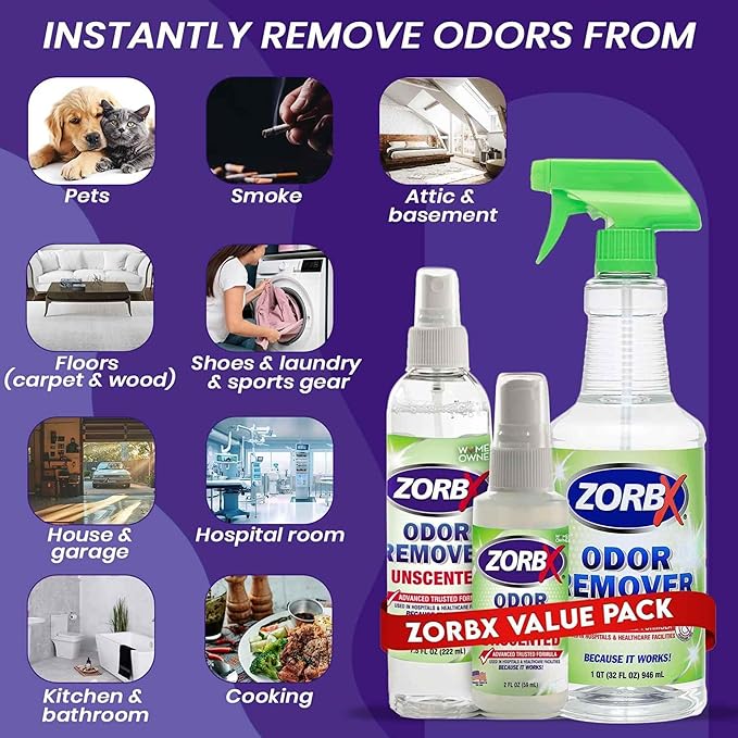ZORBX Unscented Odor Eliminator for Strong Odor - Used in Hospitals & Healthcare Facilities | Advanced Formula, Fast-Acting Odor Remover Spray for Dog, Cat, House & Carpet (16Oz + 7.5Oz + 2Oz + 64 Oz)