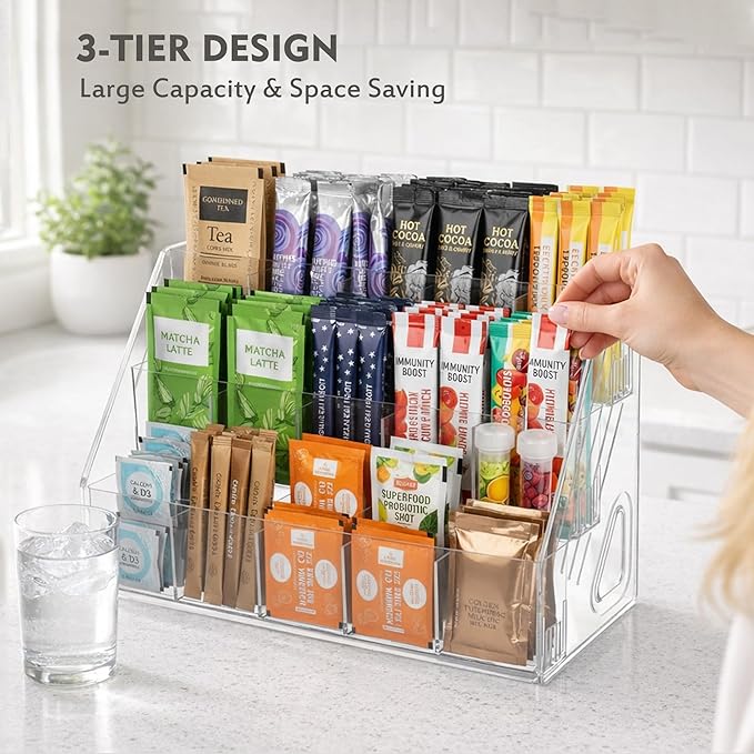 3-Tier Acrylic Drink Packet Organizer with 15 Compartments, Sugar Packets Drink Mix Organizer, Water Flavor Packet Holder for Kitchen Pantry Cabinet Storage,Coffee Station