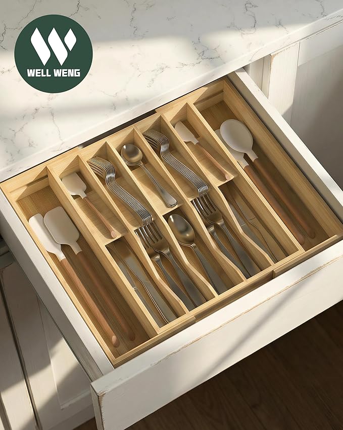 Expandable Silverware Organizer, Utensil Drawer Organizer & Cutlery Tray Dividers for Spoons Forks Knives (12 Slot,Natural Bamboo), 16.73”x12.91”x1.97 “