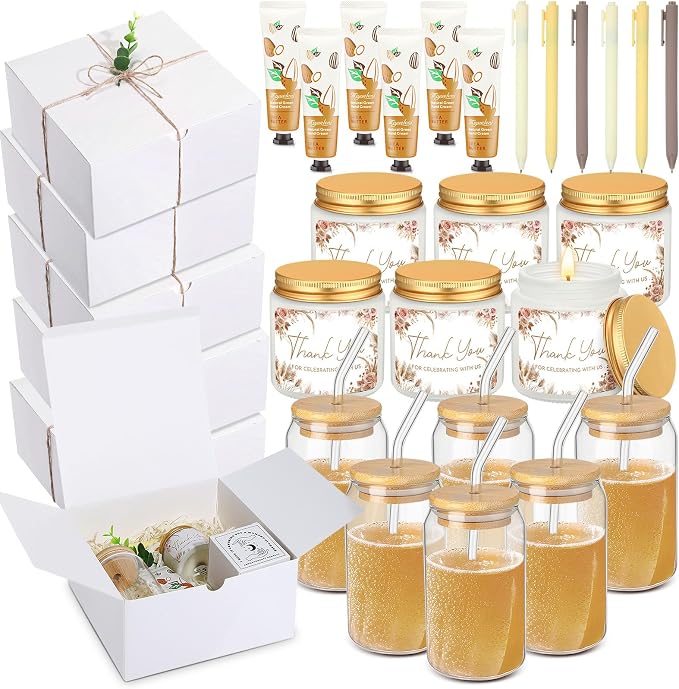 Reallnaive 6 Sets Baby Shower Prizes for Game Winners, Baby Shower Favors Glass Cup Scented Candles Hand Cream Pens Gift Box with Raffia for Gender Reveal Wedding Bridal Party Prizes (Beige Brown)