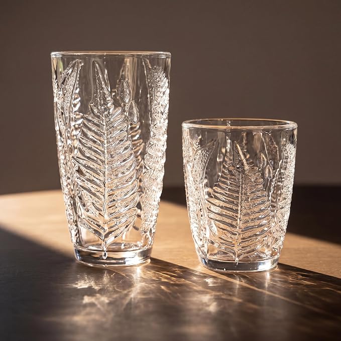 Vintage Drinking Glasses Set of 4, 16 oz Hand-Pressed Clear Glass Tumblers, Fern Embossed Retro Glassware, Textured Cups for Water, Cocktails & Beer, Decorative Kitchen Drinkware, Unique Boho Gift Set