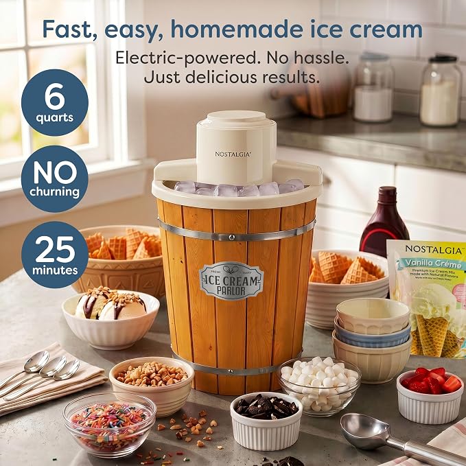 Nostalgia Electric Ice Cream Maker With 6 Qt Capacity - Old Fashioned Ice Cream Machine Makes Frozen Yogurt or Gelato in Minutes- Vintage Wooden Style Ice Cream Maker with Aluminum Canister