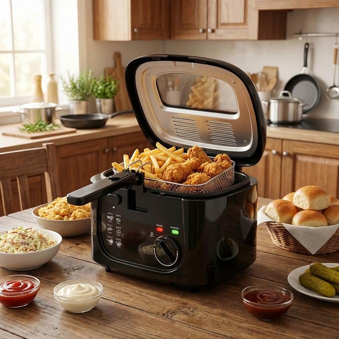 KEINVE Electric Deep Fryer with Basket, 2.5L Oil Fryer with Non-Stick Inner, Viewing Window, 1600Watt Fast Heating, Black