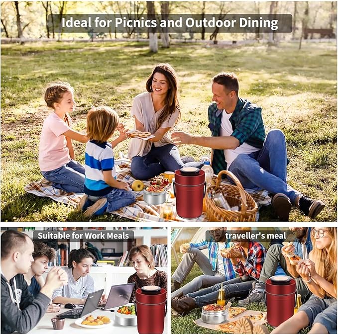 1.5L Bento Box, High Capacity Stainless Steel Portable Bento Box, Hot Food Thermos, Adults Lunch Thermos, 3 Layer Sealed Stackable Food, for Outdoor Office(Red)