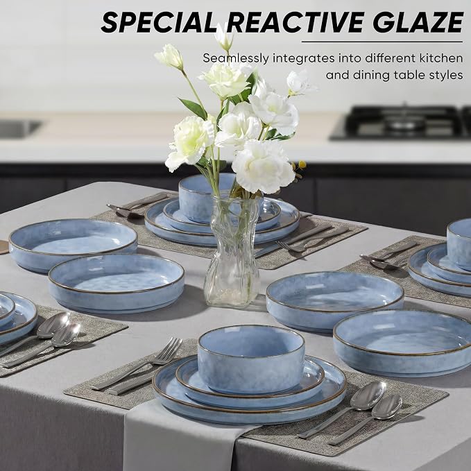 E-far 16-Piece Plates and Bowls Sets with Pasta Bowls - Stoneware Dinnerware Set for 4, Modern Ribbed Dishes, Microwave & Dishwasher Safe, Reactive Blue