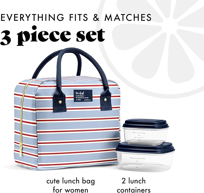 Fit & Fresh Bloomington Lunch Bag for Women - Insulated Large Lunch Box for Work with Containers, Leak-Resistant, Stain-Resistant, Zipper Closure, Rowing Stripe Blue
