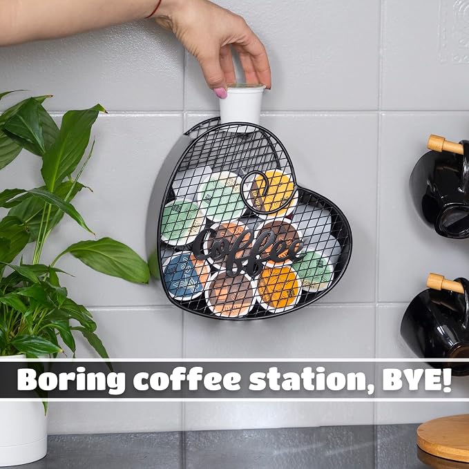 Made Easy Kit Coffee Pod Organizer - Home Coffee Bar Functional Décor - Café Station Countertop Storage Accessories (Black Heart (Mountable))