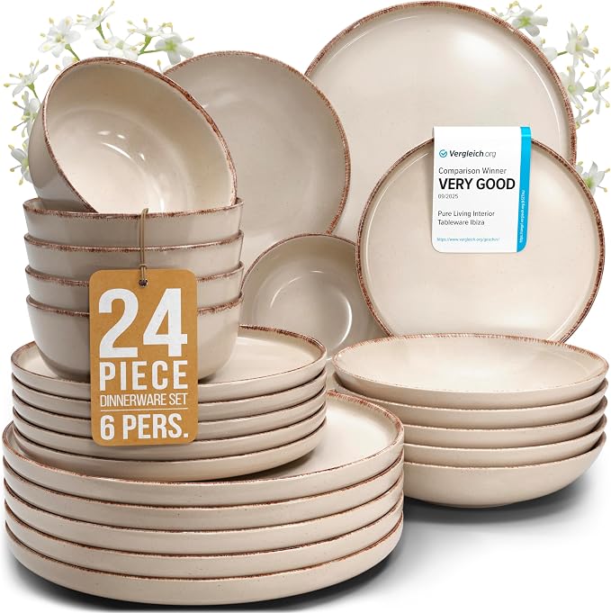 Stoneware dinnerware set 6 persons Rustic 24 pcs - High quality Mediterranean stoneware dinnerware set - bowl and plate set - dinner service 6 persons - Pure Living dinnerware sets in beige