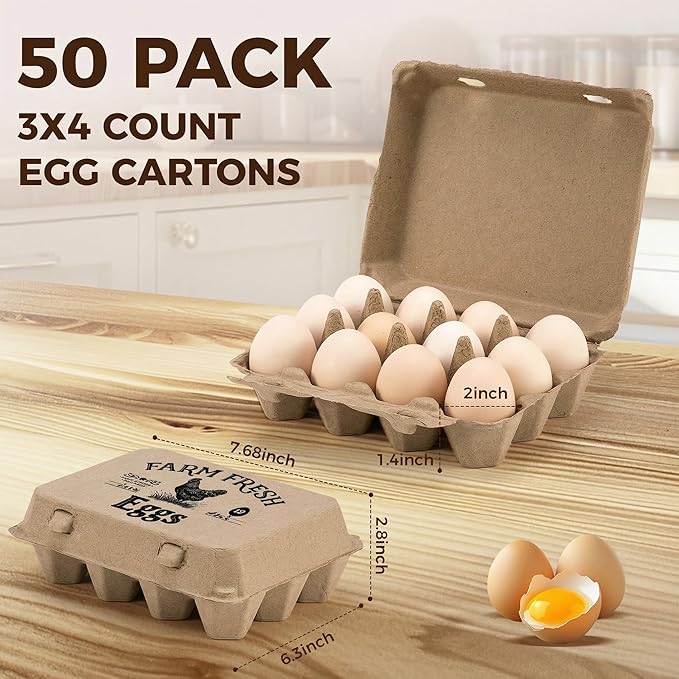 50 Pack Egg Cartons, 3x4 Style Paper Pulp Egg Trays with Printed Design, Sturdy & Reusable Egg Holder 12 Count Dozen Chicken Egg Storage Tray for Farmers, Home Use & Transport