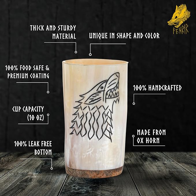 FENRIR Viking Drinking Horn Mug Set of 5 – Gifts for Men, Dad, Husband – Unique Viking Gift – Natural Ox Horn Cup with Thor Bottle Opener – For Beer, Ale, Mead (10 oz/Glass)