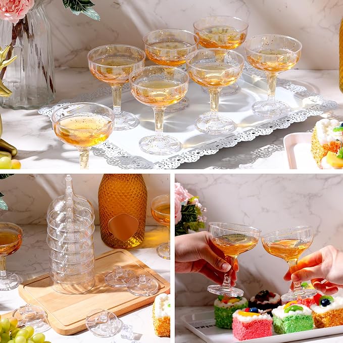 Potchen 100 Pcs Plastic Champagne Party Glasses 5 oz Clear Disposable Champagne Glasses Stackable Acrylic Martini Flutes Unbreakable Margarita Coupe for Wedding Birthday Party Bar (Elegant)