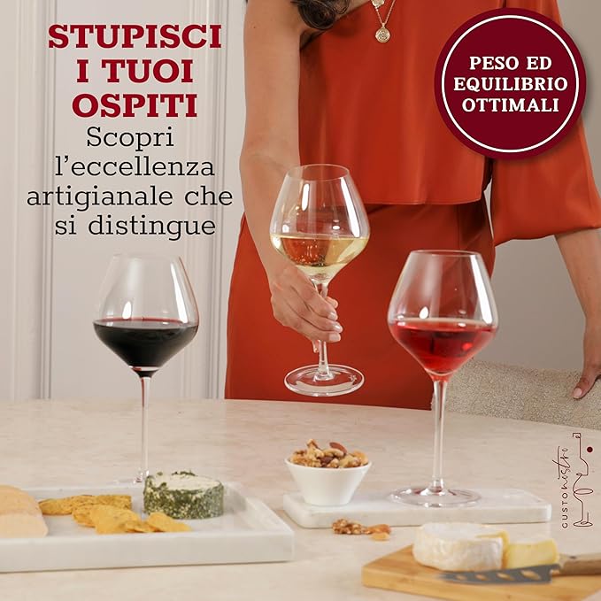 Gusto Nostro Crystal Wine Glasses Set of 6, 22 Oz Long Stem Modern Wine Glasses for White and Red Wine, Dishwasher Safe, Fancy, Elegant, Large and Tall Wine Glass for Wedding Christmas Anniversary