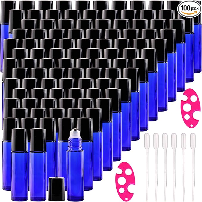 inice 100 Pack,10ml Roller Bottles for Essential Oils Cobalt Blue Thick Glass Stainless Steel Roll On Ball Bottles