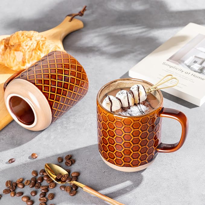 GBhome 12oz Coffee Mugs Set of 4, Handmade Stoneware Coffee Mugs Set with Large Handle for Cappuccino/Latte/Tea/Hot Cocoa, Dishwasher & Microwave Safe, Caramel
