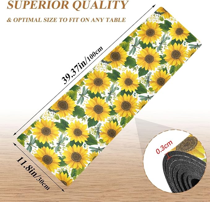 2 in 1 Table Runner Trivet for Hot Pots and Pans Heat Resistant Non Slip Waterproof 39 x 12 Inch Decorative Table Protector for Kitchen Countertop Cute Yellow Sunflowers and Dragonflies