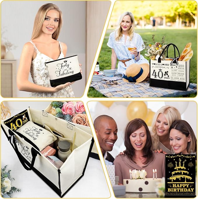 YeohJoy 40th Birthday Gifts for Women 40 and Fabulous Canvas Tote Bag Travel Gear, Unique 40 Years Old Gifts for Wife Sister Mom Aunt Friends Her, Handbag & Cosmetic Bag & 40 Birthday Poster