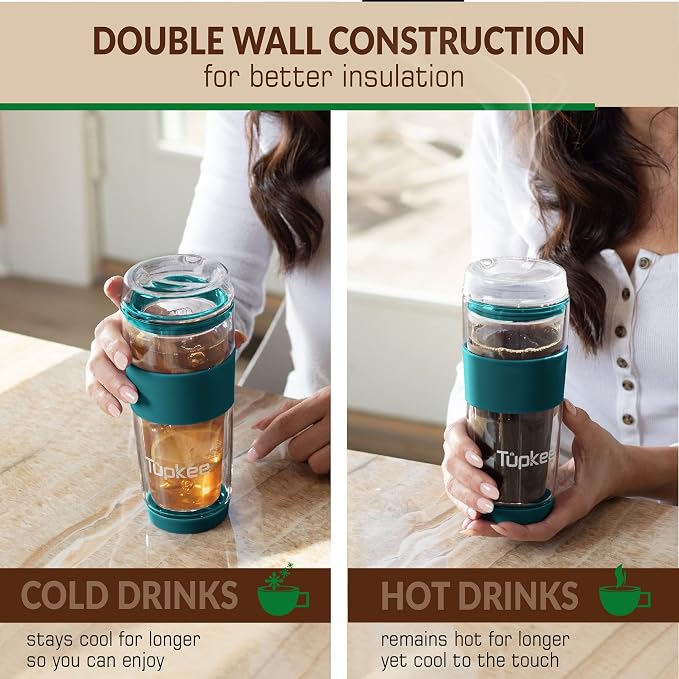 Double Wall All Glass Tumbler - 14-Ounce, Reusable Insulated Tea/Coffee Mug & Lid, Hand Blown Glass Travel Mug - Cyan- 2 Pack