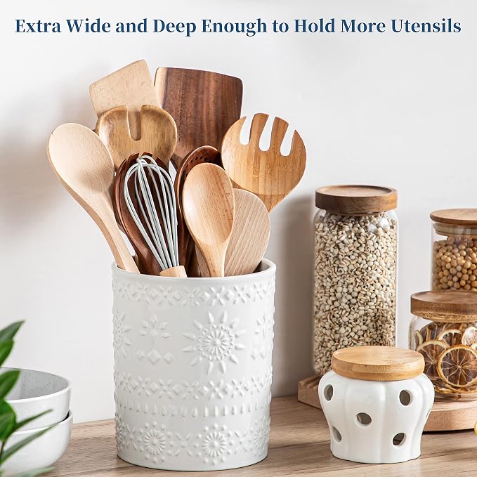 LOVECASA 7.2" Ceramic Utensil Holder, Farmhouse Countertop Crock, White | 7.2 Inch Size, Ceramic Build, Heavy Sturdy Base, Countertop Organization, Farmhouse Style, White Finish