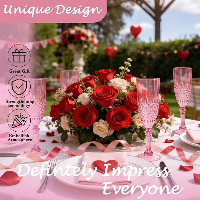 Plastic Champagne Flutes, Champagne Glasses Bulk, Reusable Unbreakable Acrylic Wine Glasses Goblets for Weddings Bachelor Parties Toasting Bridal Shower (24, Pink)