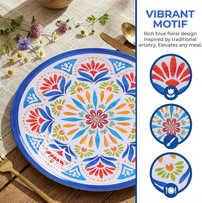 Dinnerware Set 12Pcs Melamine Plates and Bowls (Blue Flower) | Wedding Gift,Parties,Home,Service,Durable,Floral Pattern,Tableware Dinner, Salad Dessert Plates,Housewarming