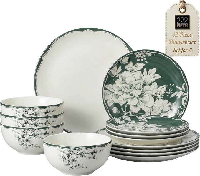 222 Fifth 12-Piece Porcelain Dinnerware Set for 4, White & Sage Green Plates and Bowls Set, Glossy Ceramic Dish Set with Detailed Floral Design, Microwave & Dishwasher Safe Dishes for Dining, Brittany