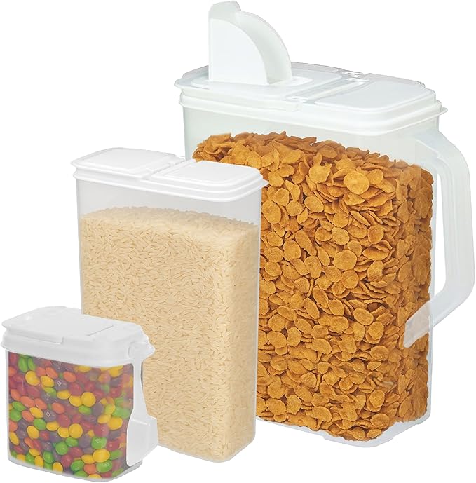Buddeez Cereal Buddy Food Storage Dispenser - Multi-Size, BPA Free Plastic Containers with EZ Grip Handle, Scoop, and EZ Pour Spout, 8 QT, Set of 3.