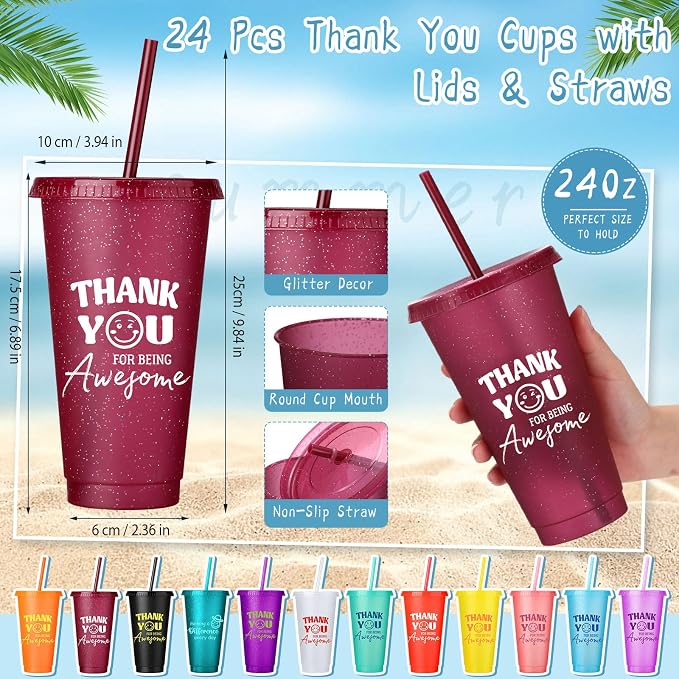 Feifeiya 72 Pcs/ 24 Set Thank You Supplies Bulk 24 oz Staff Coworker Appreciation Tumbler with Lids and Straws Motivational Pens Inspirational Notepads Set Plastic Cups Gift, Thank Cup