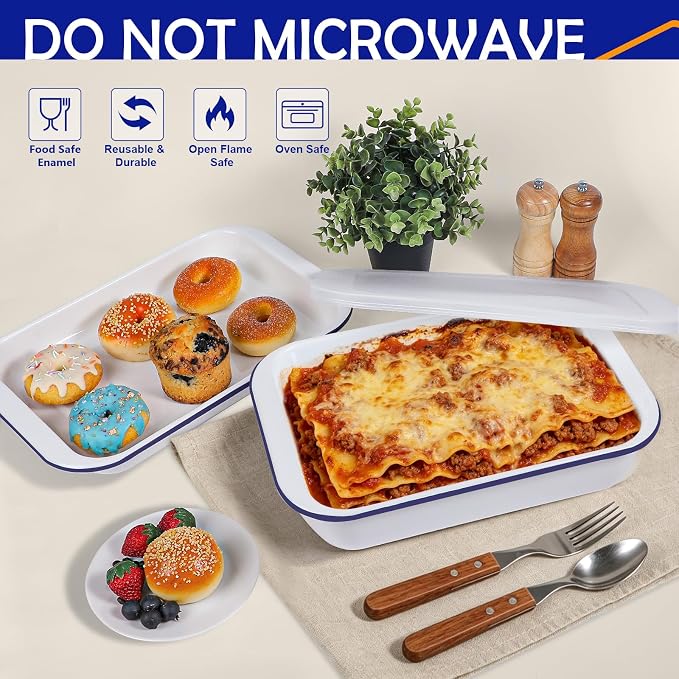 Webake Enamelware Bakeware Set with Lid, One 9x13 Baking Dish & One 9x13 Sheet Pan, Nonstick Enameled Steel Rectangular Serving Tray, Set of 2