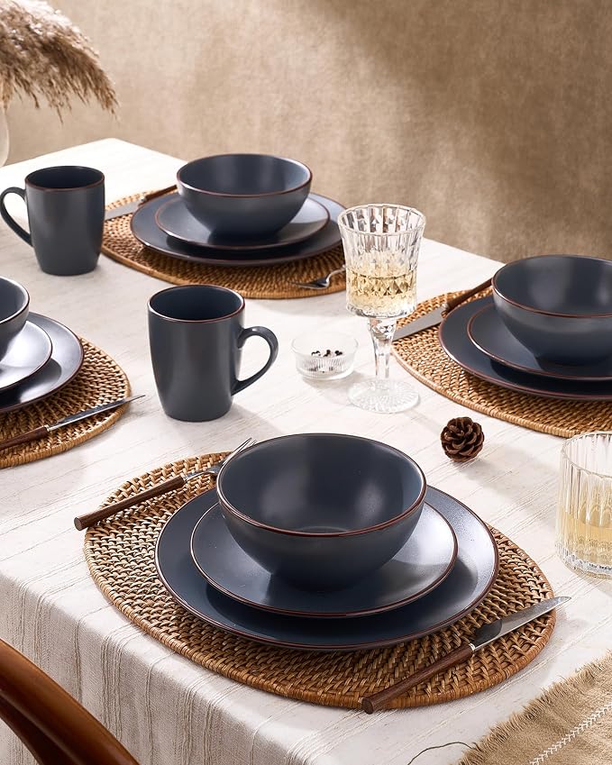 Famiware Venus 24-Piece Stoneware Dinnerware Sets with Mugs, Plates, Bowls, Service for 6, Matte Charcoal - Modern Ceramic Chip‑Resistant Dishes for Everyday & Formal Use, Microwave & Dishwasher Safe