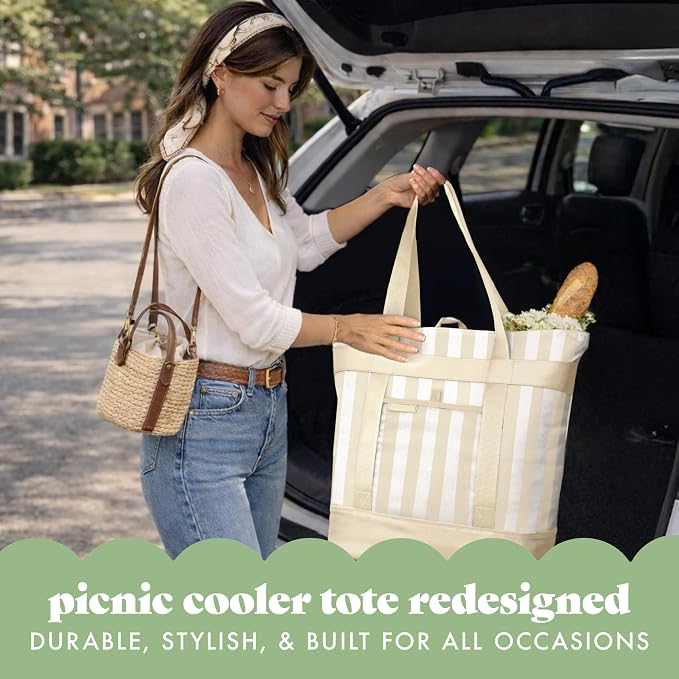 Fit & Fresh Insulated Grocery Tote Bag – Large Reusable Thermal Cooler Bag for Shopping, Food Delivery & Catering – Premium Leak Resistant Food Carrier, Foldable Soft Cooler, Taupe Stripe