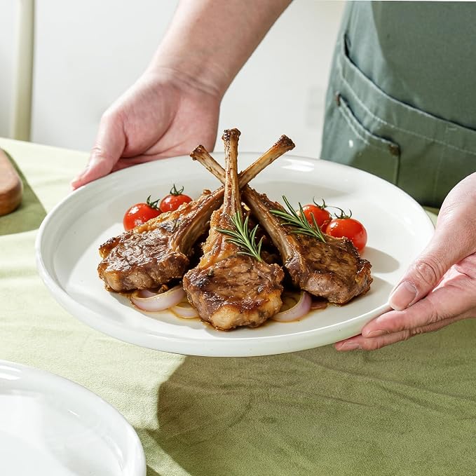 Ceramic Dinner Plates, 10.25 Inch, Set for 4, Elegant White | Flat Dish Design, Microwave & Dishwasher Safe, Perfect for Family and Entertaining, For Steak, Sandwiches, Pizza, Pasta