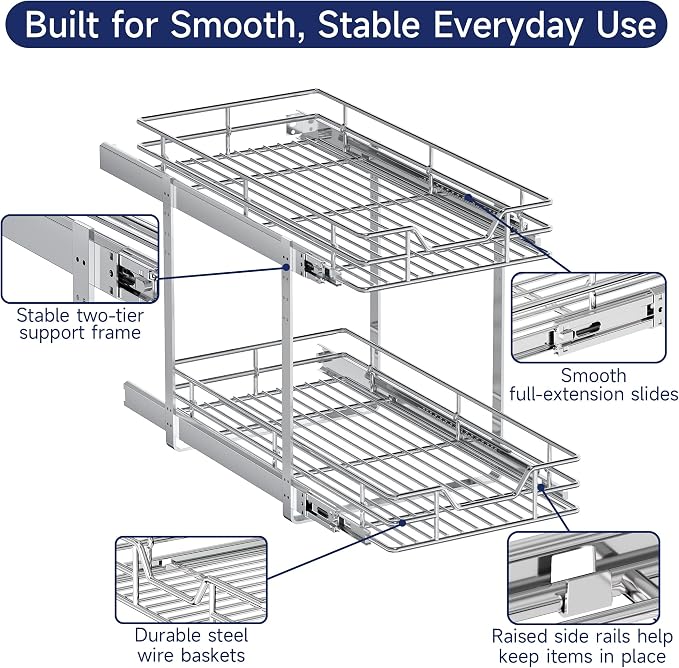 2-Tier Pull Out Cabinet Organizer, 12.5" W x 21.5" D, Heavy Duty Dual Slide Out Shelves for Narrow Base Cabinets, Chrome Wire Basket Drawer for Spices, Bottles & Snacks